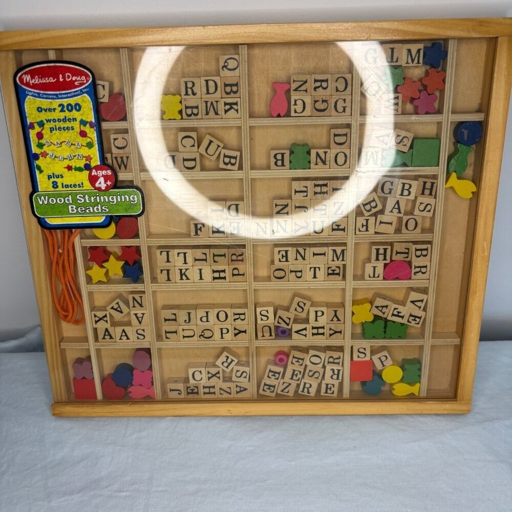 MELISSA & DOUG Stringing Beads Alphabet Shapes String Colorful Wooden Fine Motor